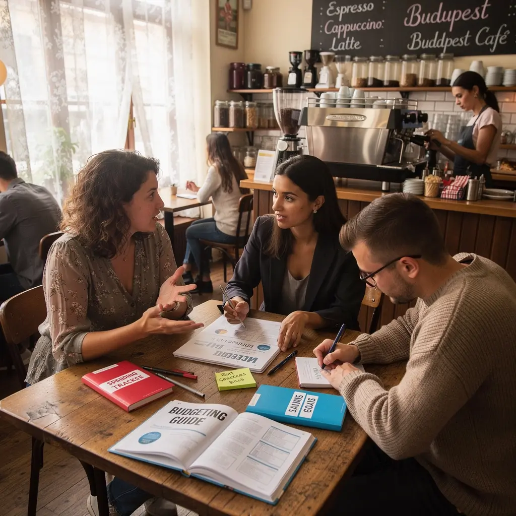 Kép egy pénzügyi szakértőről, aki tanácsokat ad egy csoport fiatal felnőttnek a költségvetés készítéséről.
